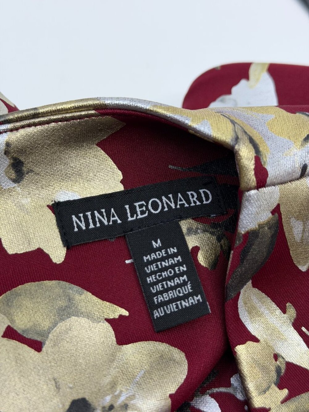 Nina Leonard Floral Sheath Dress M Burgundy Gold Metallic V Neck Stretch NWT - Picture 5 of 10